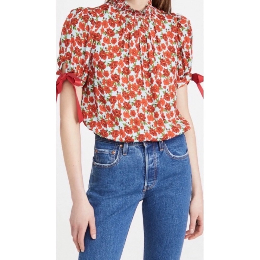 Alice + Olivia Irene Floral Red Poppy Smocked Mock Neck Top Small